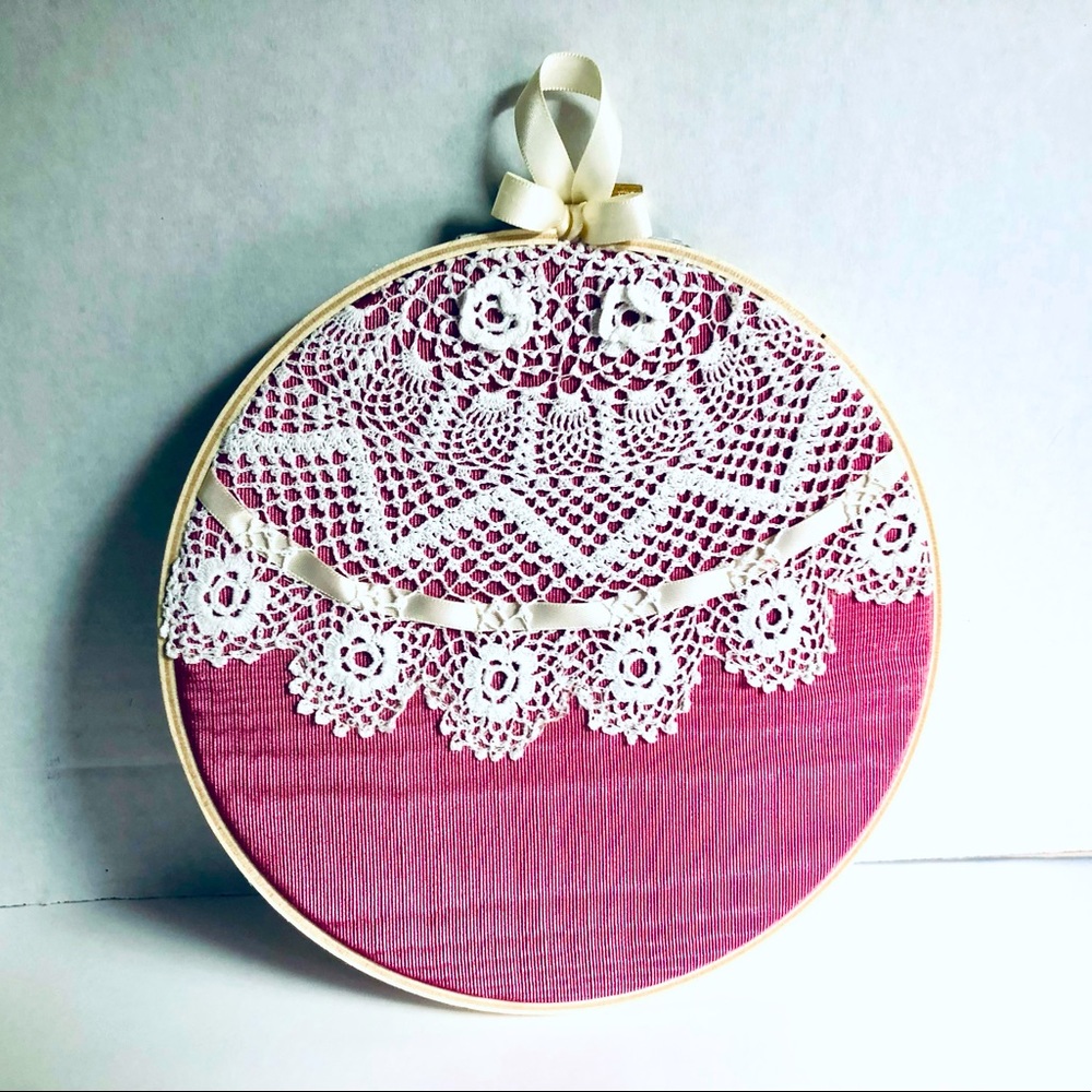 Handmade Moire Fabric Doily Hoop, 7”” Round, Bedroom Decor, Wall Art, Cottage Ch